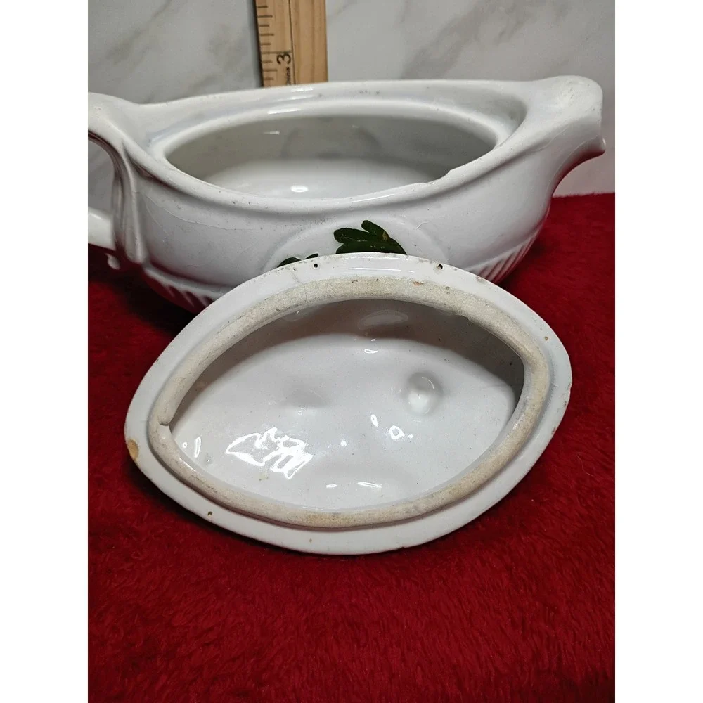 Vintage Ceramic Gravy Boat with Lid Vegetable Harvest Corn Carrot Radish White